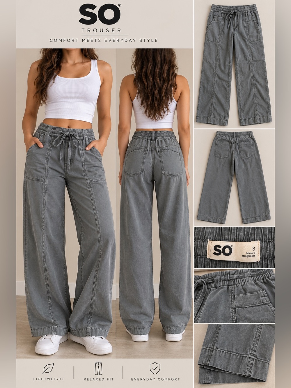 SO Grey Wide-Leg Utility Pants with Drawstring Waist